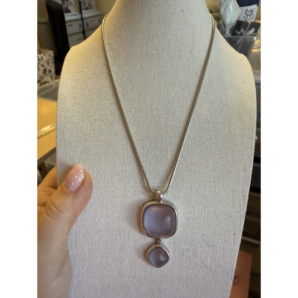 David Grau Lavender Resin Double Square Pendant Necklace Silver Tone Snake Chain